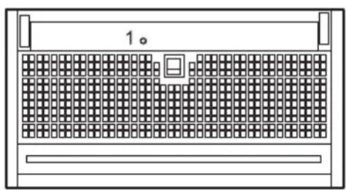 Front view of a server rack with grid pattern and indicator lights (no text or symbols).