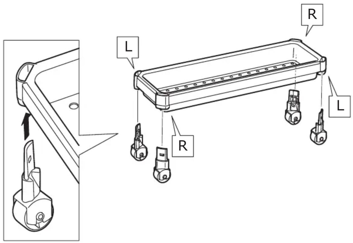 Technical diagram showing a mechanical assembly with labeled parts L and R, including a component with a tool inserted into a housing.