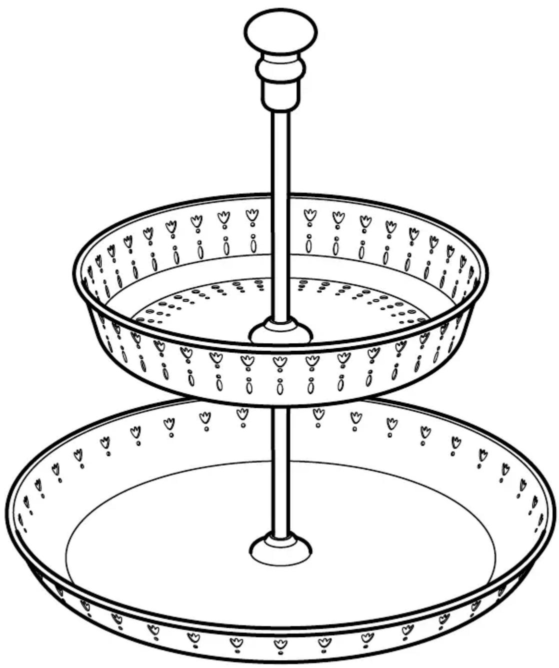Dessin au trait d'une assiette à deux étages avec des motifs décoratifs et une tige centrale (sans texte ni symboles)
