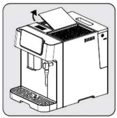 Dessin au trait d'une machine à café avec couvercle et panneau latéral (sans texte ni symboles)