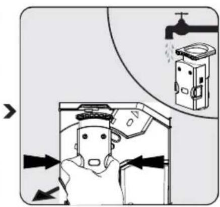 Schéma illustrant une personne dans une cuisine avec des flèches indiquant le mouvement, ainsi qu'un schéma de douche et de robinet.