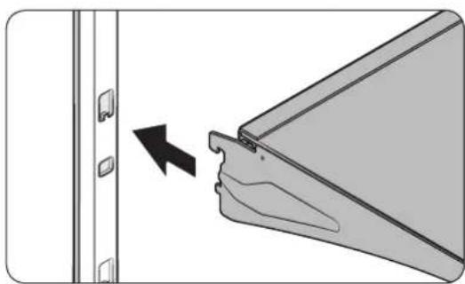 Diagram showing a door panel being inserted into a plastic hinge, with an arrow indicating the insertion direction.