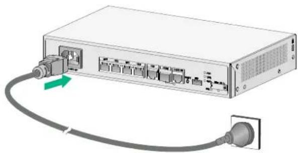 Illustration of a network switch device with ports and cable, no text or symbols present.
