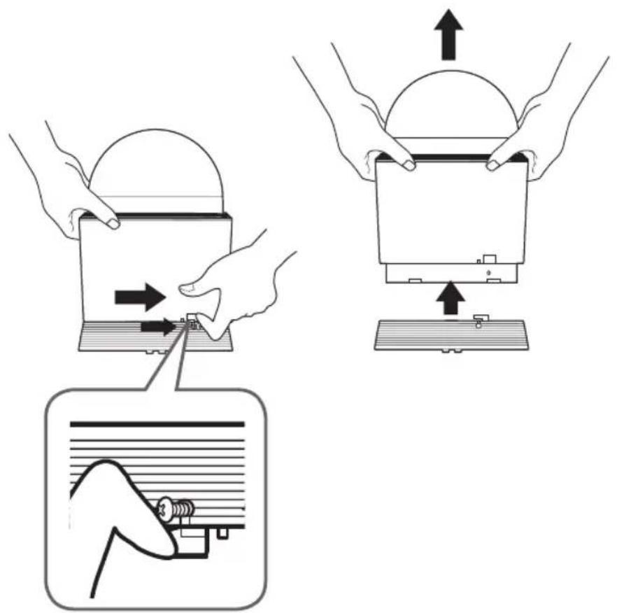 Diagram illustrating three steps of a mechanical press or stamping process: pressing a component, adjusting a dial, and adding a stamp.