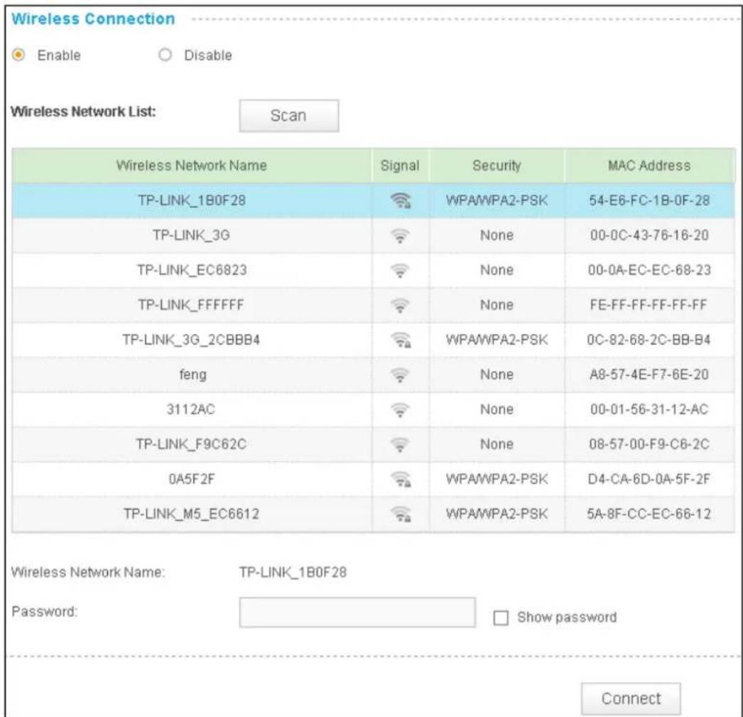 Wireless Connection Enable Disable Wireless Network List: Scan Wireless Network Name Signal Security MAC Address TP-LINK_1B0F28 WPAWPA2-PSK 54-E6-FC-1B-0F-28 TP-LINK_3G None 00-0C-43-76-16-20 TP-LINK_EC6823 None 00-0A-EC-EC-68-23 TP-LINK_FFFFFF None FE-FF-FF-FF-FF-FF TP-LINK_3G_2CBBB4 WPAWPA2-PSK 0C…