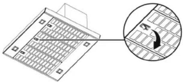 Technical line drawing of a computer tower with an inset showing a grid layout and a directional arrow (no text or symbols).