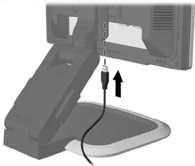 Diagram of a computer monitor with an attached USB cable and connector, showing no text or symbols.
