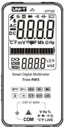 UNI-T NCV UT122 AC DC 8.8.8.0 °C F mV nF Mk Ω Hz NCV LIVE 8.8.8.0 % C°F kHz Smart Digital Multimeter True RMS V~ Ω V~ Hz H- C°F NCV LIVE CAT III 600V V Hz % COM V Hz % + + - + Ω °C°F LIVE