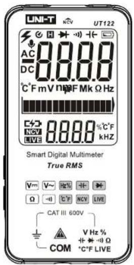 UNI-T UT122 AC DC 8.00.0 °C F mV nF Mk Ω Hz NCV LIVE 8.00.0 %C F kHz Smart Digital Multimeter True RMS V~ Ω V~ V~ Hz% Ω C F NCV LIVE CAT III 600V COM V Hz % + + - + Ω °C F LIVE