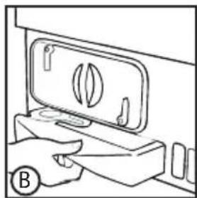 Line drawing of a hand pressing down on a door panel with a leaf symbol (no text or labels)