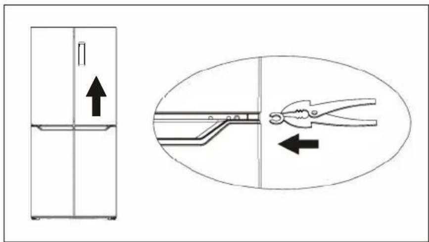 Diagram showing a refrigerator with an upward arrow and a close-up of a tool being inserted into a pan, illustrating the process.