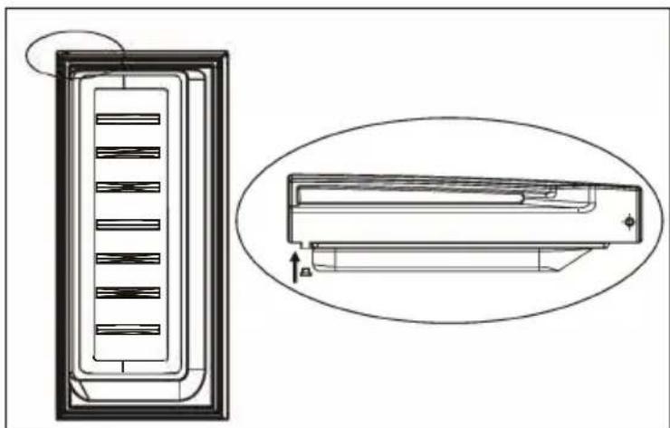 Technical line drawing of a device with internal components and an oval inset showing a component with arrows indicating motion (no text or symbols)