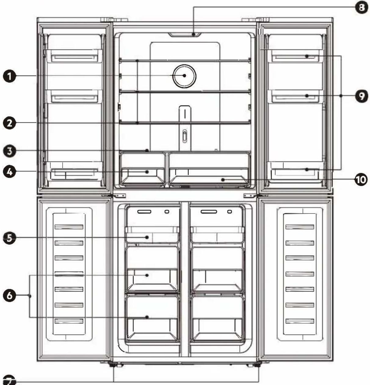 Technical diagram of a refrigerator interior with numbered components for identification