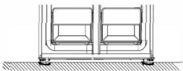 Technical line drawing of a two-panel vehicle chassis with wheels and structural brackets (no text or symbols)