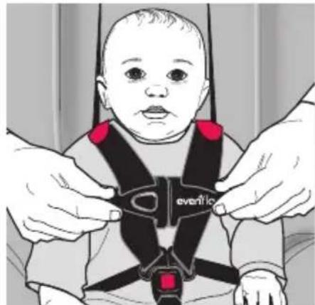 Illustration of a baby wearing a very light-colored safety harness, hands adjusting the seat (no text or symbols present).