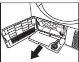 Diagram of an air conditioner unit with a handle and internal panel, showing airflow direction (no text or symbols).