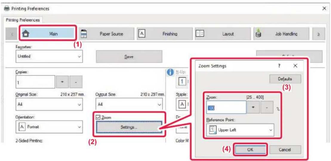 Printing Preferences Main Paper Source Finishing Layout Job Handling Favorites: Untitled Save Copies: 1 + - Original Size: 210 x 257 mm (A4) Orientation: Portrait 2-Sided Printing: Output Size: 210 x 297 mm (A4) Zoom Settings N-Up: 1 1 Staple: None Color: M Zoom: [25..400] Reference Point: Upper Lef…