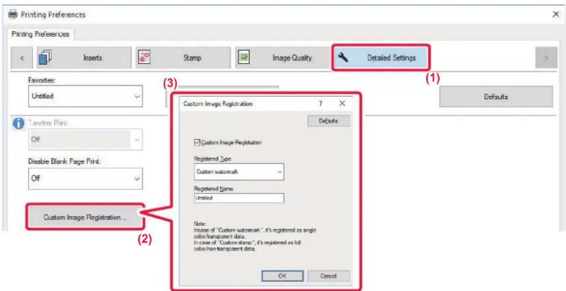 Printing Preferences dialog box with tabs: Inserts, Stamp, Image Quality, Detailed Settings. Favorites: Untitled. Custom Image Registration dialog box. Registered Type: Custom watermark. Registered Name: Untitled. Note: Increase of "Custom watermark", it's registered as single color/transparent data…