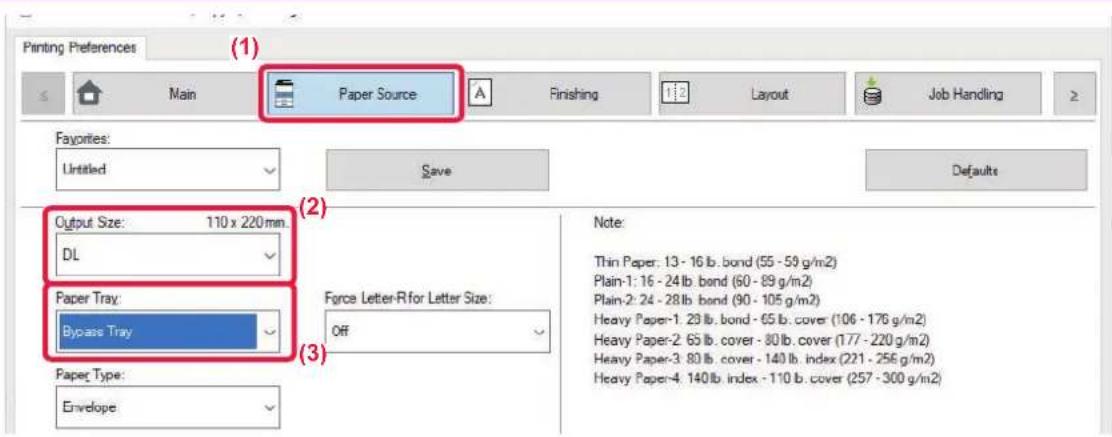 Printing Preferences (1) Main Paper Source Finishing Layout Job Handling Favorites: Untitled Save Defaults Output Size: 110 x 220 mm. DL Paper Tray: Bypass Tray Force Letter-R for Letter Size: Off Paper Type: Envelope Note: Thin Paper: 13 - 16 lb. bond (55 - 59 g/m2) Plain-1: 16 - 24 lb. bond (60 -…