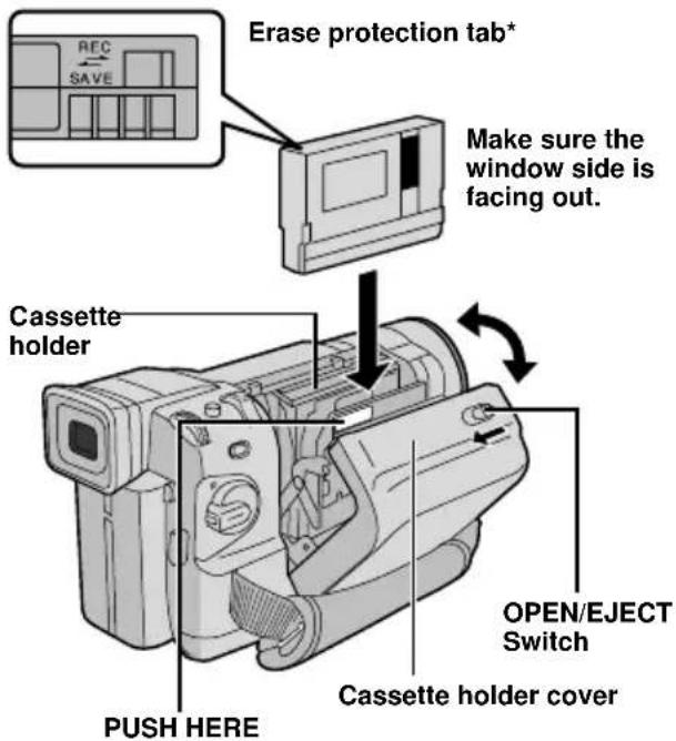 Erase protection tab* Make sure the window side is facing out. Cassette holder OPEN/EJECT Switch Cassette holder cover PUSH HERE
