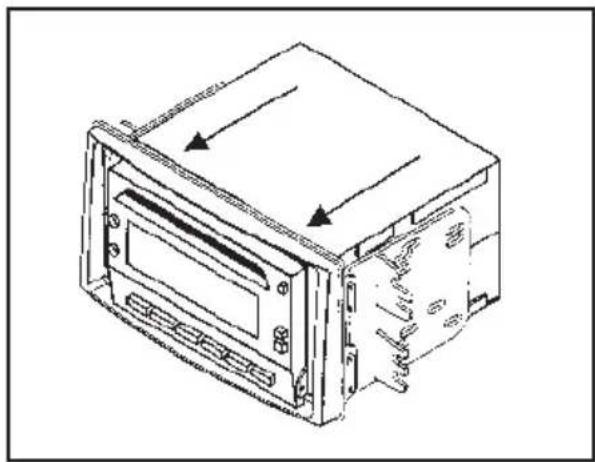 Technical line drawing of a computer drive chassis with mounting holes and ventilation slots (no text or symbols)