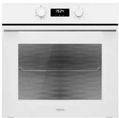 Front view of a white oven with control knobs and a digital display showing 15:24 (no visible text or symbols on the oven itself)