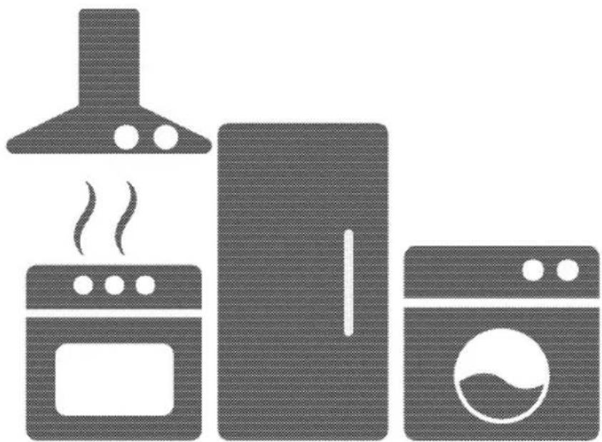 Dessin au trait simple d'un appareil de cuisine avec four, four et machine à laver (sans texte ni symboles)