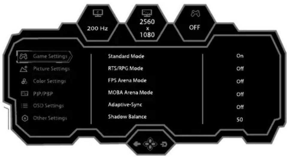 200 Hz 2560 x 1080 OFF Game Settings Picture Settings Color Settings PIP/PBP OSD Settings Other Settings Standard Mode RTS/RPG Mode FPS Arena Mode MOBA Arena Mode Adaptive-Sync Shadow Balance On Off Off Off Off 50