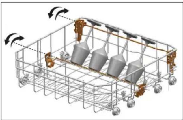 3D diagram of a mechanical assembly with cylindrical components and rotating arms, no visible text or symbols