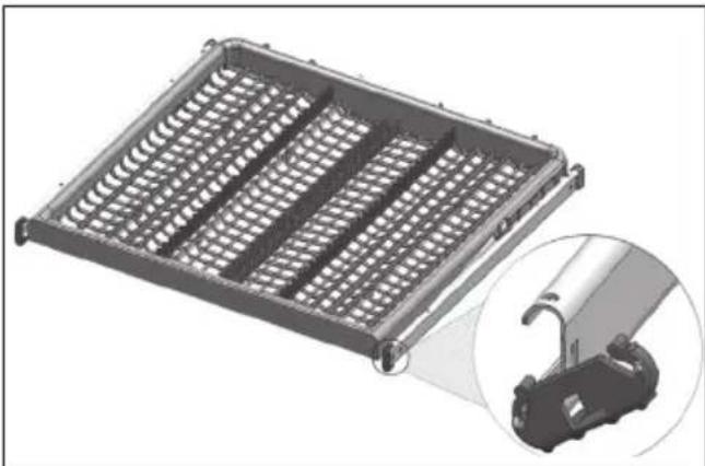3D rendering of a rectangular metal tray with grid patterns and an inset close-up showing a mechanical clamp (no text or symbols)
