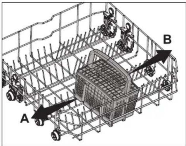 Technical diagram of a vehicle storage or lifting system with labeled components A and B, showing structural elements and directional arrows.