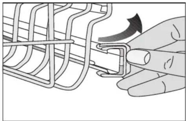 Illustration of a hand fastening a wire mesh component with an arrow indicating rotation (no text or symbols)