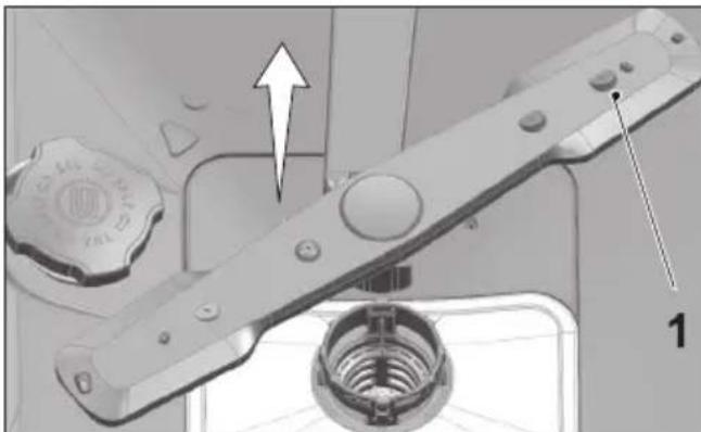 Mechanical assembly diagram showing a lever mechanism with labeled parts and an upward arrow (no text or symbols present)
