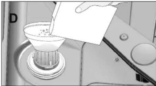 Illustration of a hand pouring liquid into a funnel on a sewing machine (no text or symbols visible)