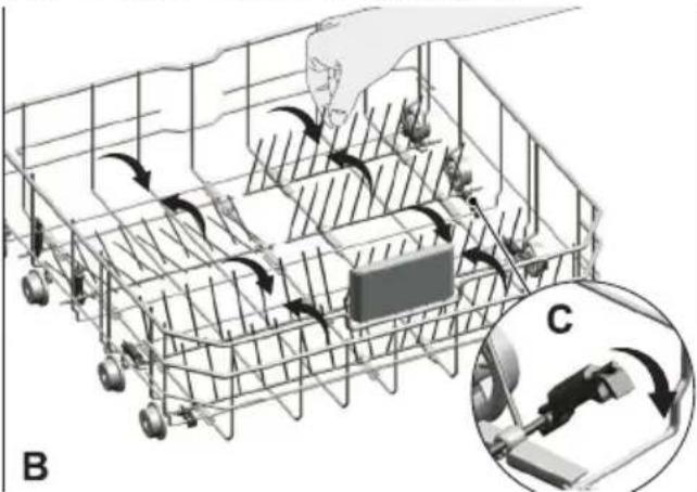 Diagram illustrating a mechanical system with labeled components and directional arrows, including a magnified inset showing component C.