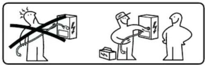 Illustration showing a person using a box with a warning symbol and another person holding a briefcase, implying electrical hazard or safety.