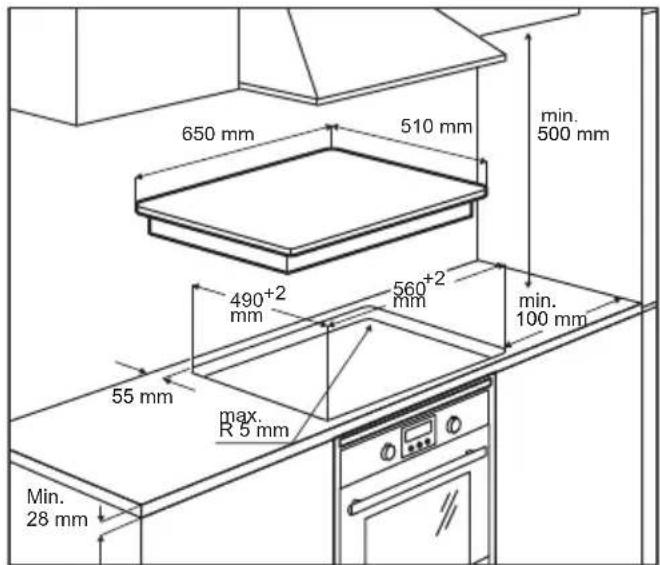 650 mm 510 mm min. 500 mm 490+2 mm 560+2 mm min. 100 mm 55 mm max. R 5 mm Min. 28 mm