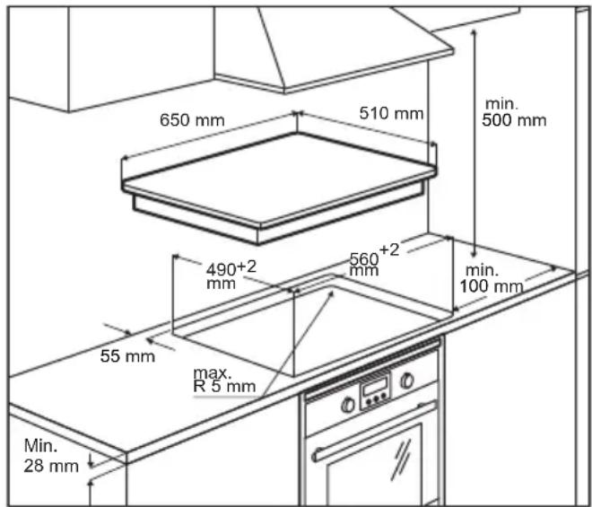 650 mm, 510 mm, min. 500 mm, 490+2 mm, 560+2 mm, min. 100 mm, 55 mm, max. R 5 mm, min. 28 mm