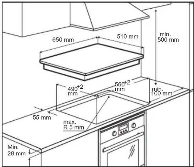 650 mm 510 mm min. 500 mm 490+2 mm 560+2 mm min. 100 mm 55 mm max. R 5 mm Min. 28 mm