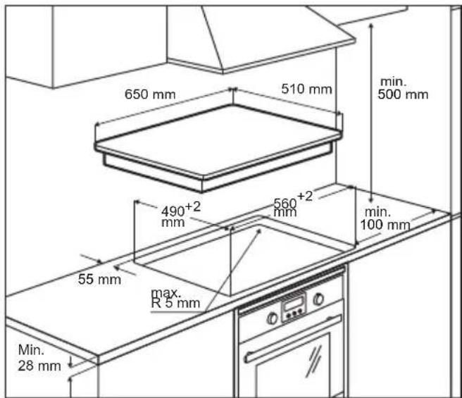 650 mm 510 mm min. 500 mm 490+2 mm 560+2 mm min. 100 mm 55 mm max. R 5 mm min. 28 mm