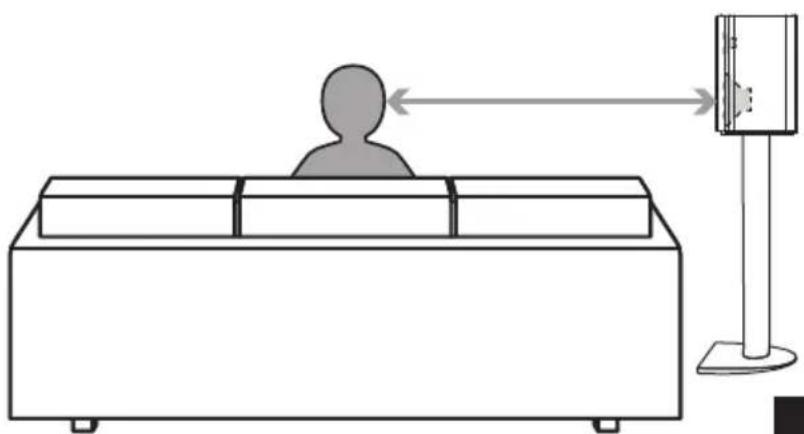 Simple line drawing of a person standing at a desk with a monitor and base, no text or symbols present