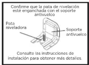 Confirme que la pata de nivelación esté enganchada con el soporte antivuelco. Pata niveladora. Soporte antivuelco. Consulte las instrucciones de instalación para obtener más detalles.