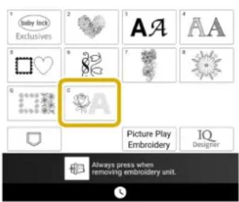 baby lock Exclusives 3 AA 4 AA 5 G 7 8 Q Picture Play Embroidery IQ Designer Always press when removing embroidery unit.