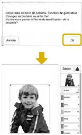 Conversion en motif de broderie. Fonction de générateur d'images en broderie va se fermer. Voulez-vous passer à l'écran de modification de la broderie? Annuler OK