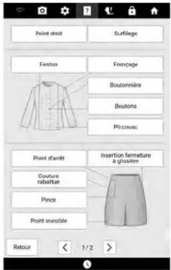 Point droit Surfillage Feston Françage Boutonnière Boutons Pil cours Point d'arrêt Insertion fermeture à gissière Couture rabattue Pince Point invisible Retour 1/2