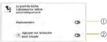 Le pied-de-bîche s'abaisse/se relève automatiquement Abeissement Appuyer sur la touche pour couper