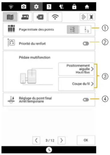 Page initiale des points Priorité du renfort Pédaie multifonction Positionnement aiguille Haut/Bas Coupe du fil Réglage du point final Arrêt temporaire 3/12 OK