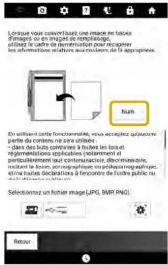 Lorsque vous convertissez une image en traces d'images ou en images de remplissage, utilisez le cadre de numerisation pour récupérer les informations relatives aux couleurs de li appropriées. Num En utilisant cette fonctionnalité, vous acceptez qu'aucune partie du contenu, ne sera utilisée : • dans des butts contraires à toutes les lors et réglementations applicables (notamment et particulièrement tout conteuraciste, discriminaire, incitant le boins, portographique ou pédopanographique, etra toutes déclarations à l'encontre de l'idre public ou de la classification). Sélectionnez un fichier image (JPG, 3MP PNG). Retour