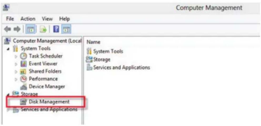 Computer Management File Action View Help Computer Management (Local System Tools ► Task Scheduler ► Event Viewer ► Shared Folders ► Performance ► Device Manager Storage Disk Management Services and Applications Name System Tools Storage Services and Applications
