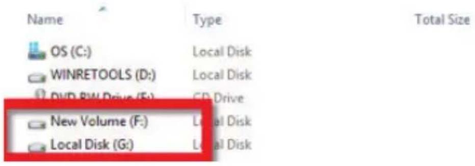 Name Type Total Size OS (C:) Local Disk WINRETOOLS (D:) Local Disk DVD RW Drive (E:) C/D Drive New Volume (F:) Local Disk Local Disk (G:) Local Disk